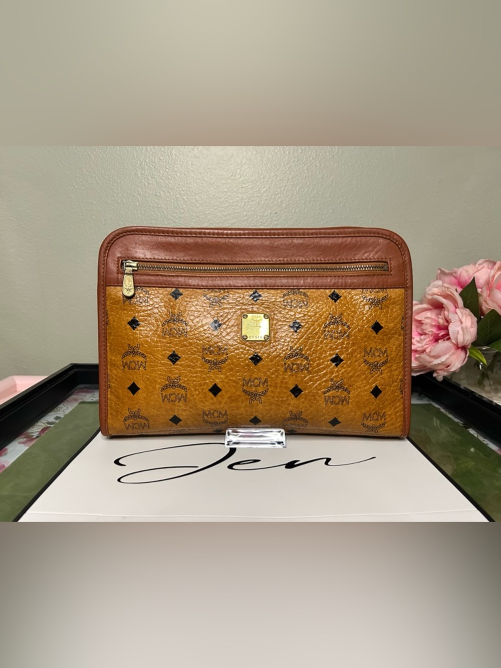 Authentic Vintage MCM Visetos Zip Portfolio Clutch Pouch Cognac Brown w/ COA